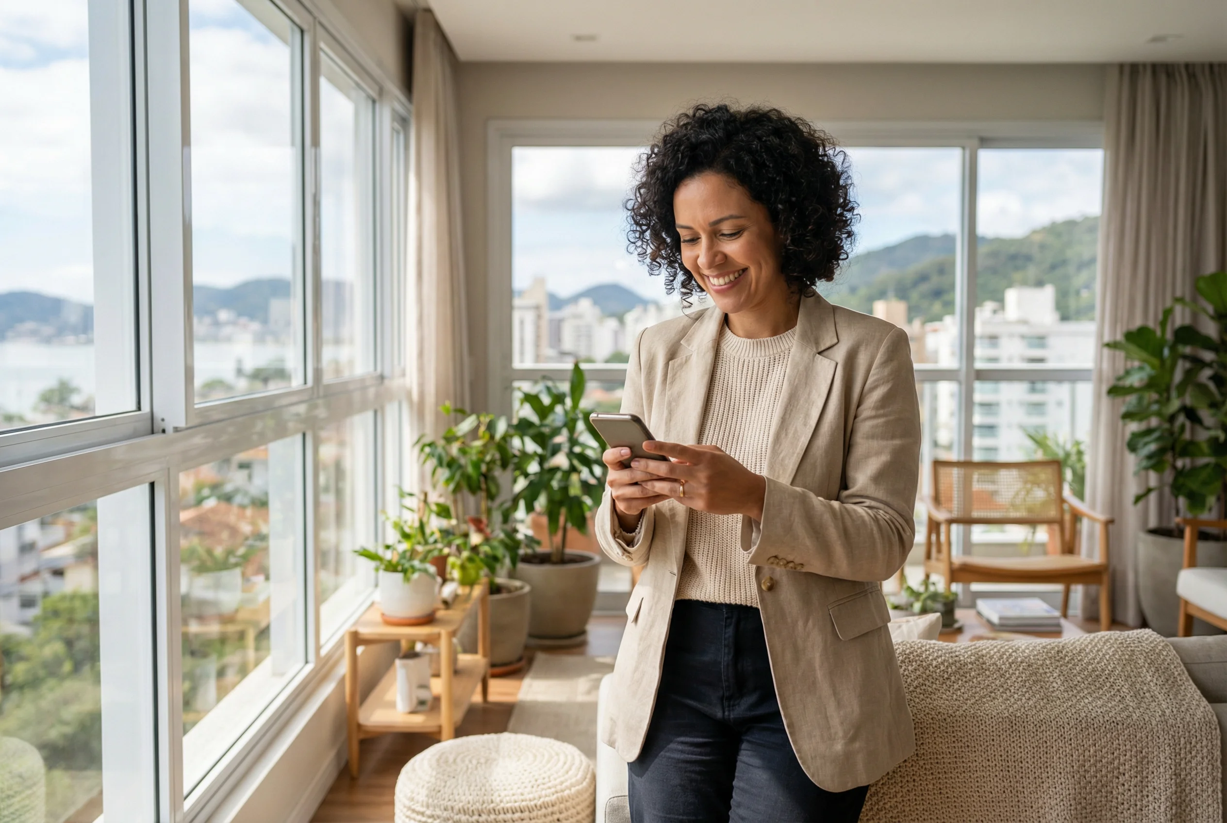 Moradora de Florianópolis usando smartphone em apartamento moderno